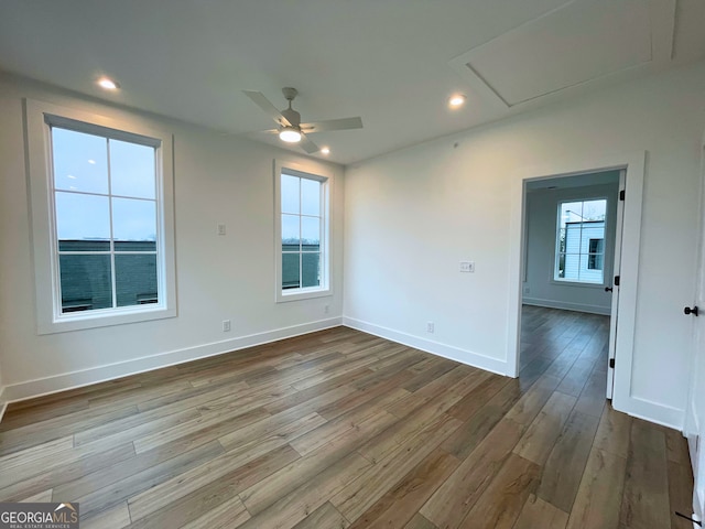 spare room with wood-type flooring, a wealth of natural light, and ceiling fan