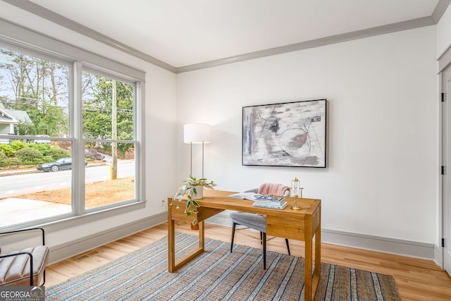 office with crown molding and hardwood / wood-style flooring