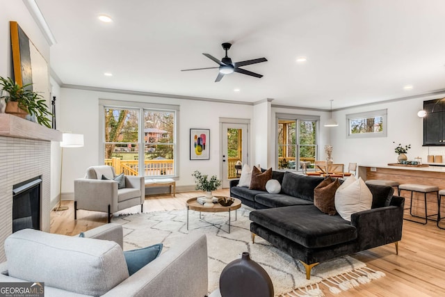 living room with ornamental molding, a healthy amount of sunlight, ceiling fan, and light hardwood / wood-style floors