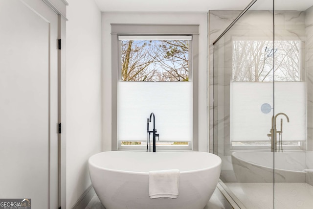 bathroom featuring plus walk in shower