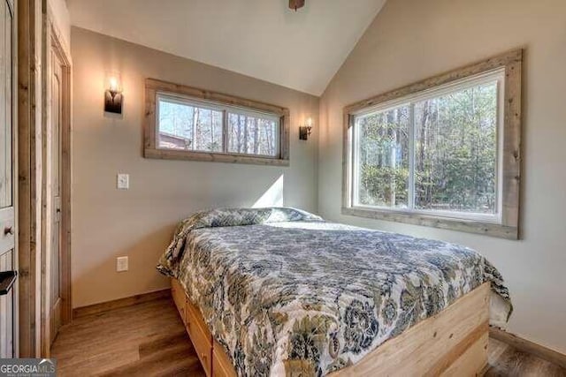 bedroom featuring lofted ceiling and dark hardwood / wood-style flooring