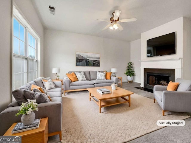 living room with ceiling fan