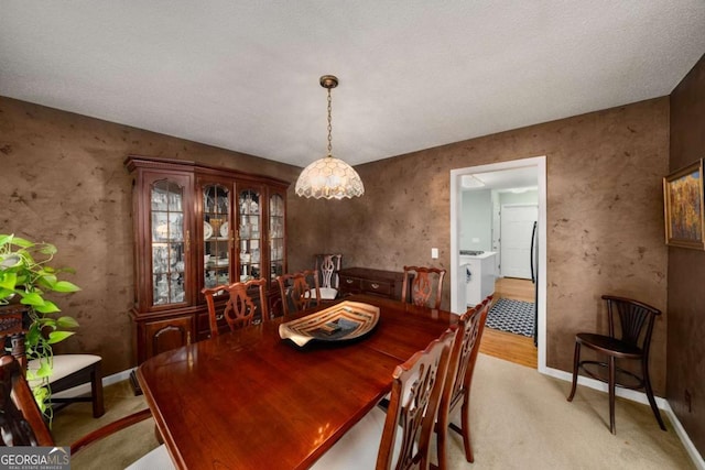 dining space featuring light carpet and washing machine and clothes dryer