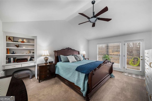 bedroom with light carpet, access to outside, ceiling fan, and vaulted ceiling