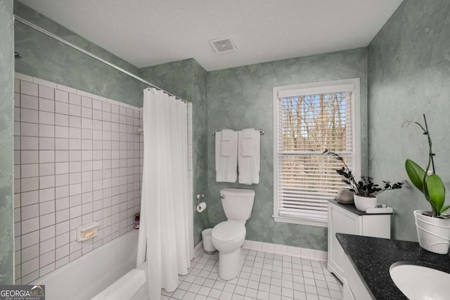 full bathroom with toilet, tile patterned floors, plenty of natural light, and shower / bathtub combination with curtain