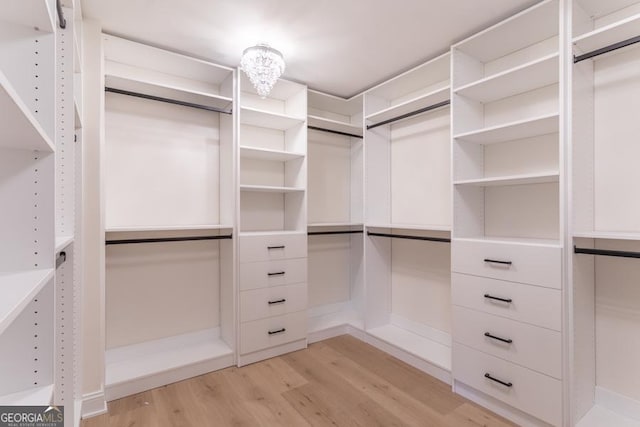 spacious closet featuring a chandelier and light wood-style floors