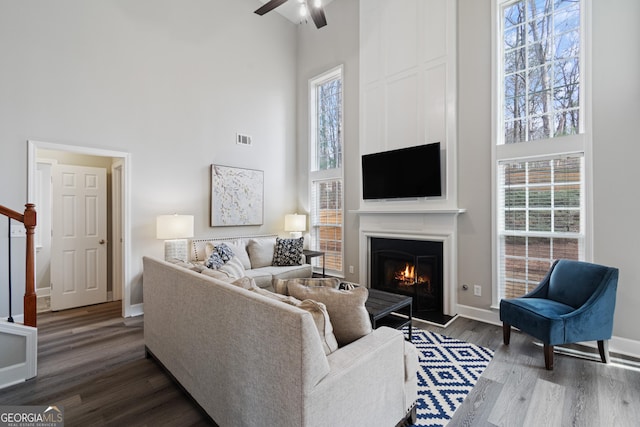 living room with hardwood / wood-style floors, a healthy amount of sunlight, and a high ceiling