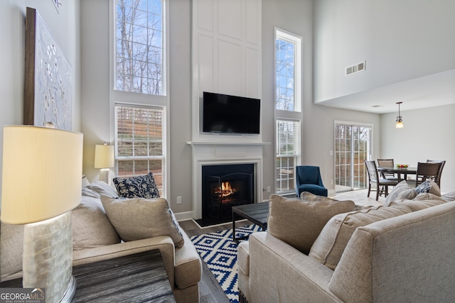 living room with a towering ceiling and dark hardwood / wood-style flooring