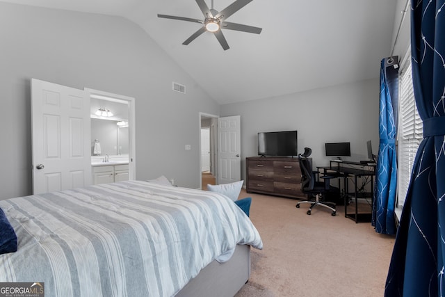 bedroom with connected bathroom, sink, high vaulted ceiling, carpet flooring, and ceiling fan