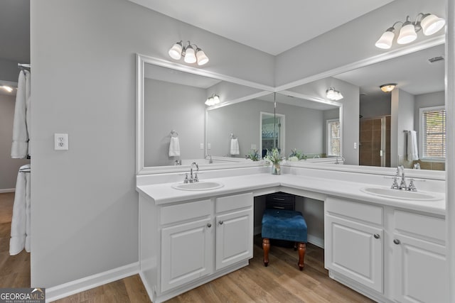 bathroom featuring vanity, wood-type flooring, and a shower