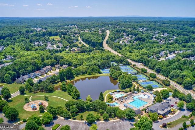 birds eye view of property featuring a water view