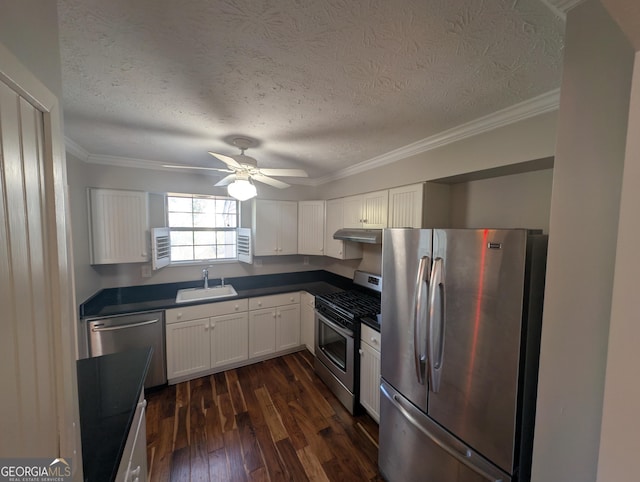 kitchen with sink, white cabinets, stainless steel appliances, dark wood-type flooring, and a textured ceiling