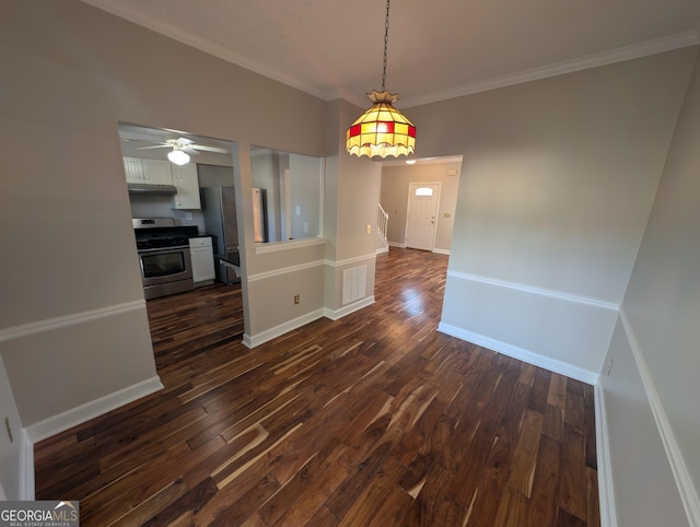 unfurnished dining area featuring ceiling fan, ornamental molding, and dark hardwood / wood-style flooring