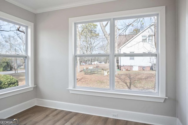 interior space featuring crown molding, plenty of natural light, and wood-type flooring