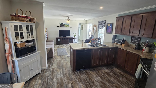 kitchen with sink, crown molding, dark wood-type flooring, ceiling fan, and dark brown cabinetry