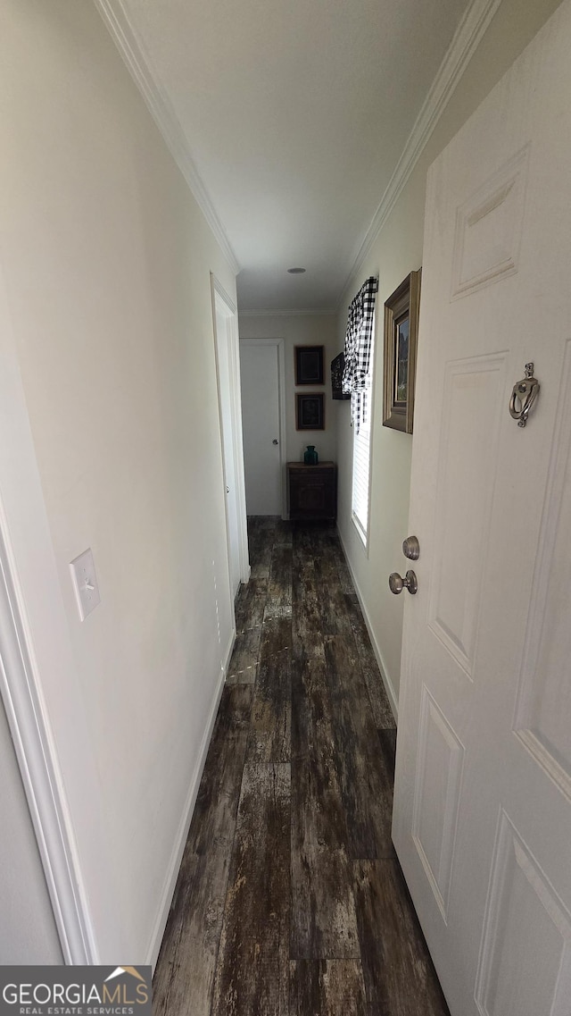 hallway with crown molding, baseboards, and wood finished floors