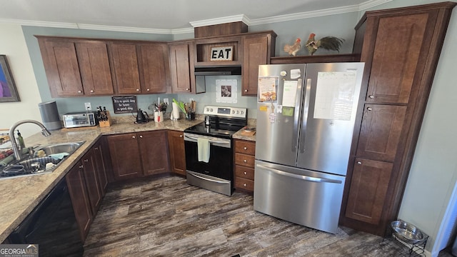 kitchen with appliances with stainless steel finishes, dark hardwood / wood-style floors, sink, crown molding, and light stone countertops