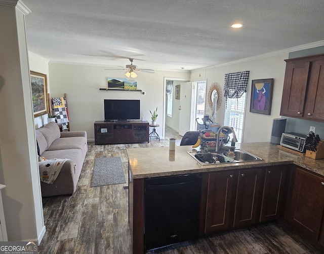 kitchen with a peninsula, dark wood-type flooring, a sink, black dishwasher, and open floor plan