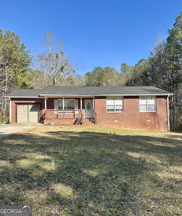 ranch-style house featuring brick siding, concrete driveway, an attached garage, crawl space, and a front lawn