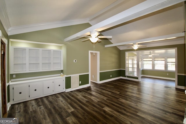 unfurnished living room with crown molding, ceiling fan, dark hardwood / wood-style flooring, and vaulted ceiling