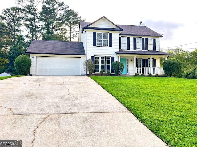 view of front of home with a garage, covered porch, and a front lawn