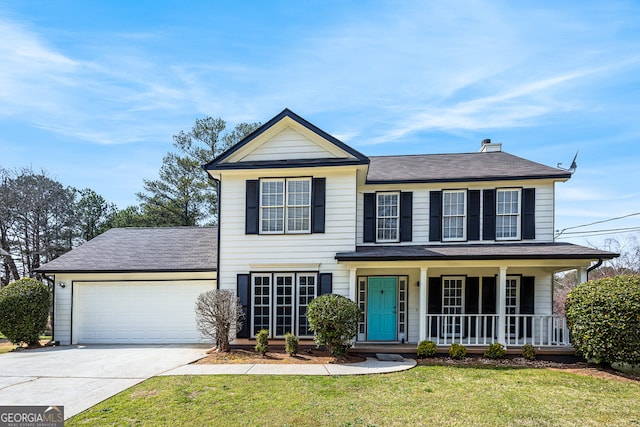 view of front facade featuring a shingled roof, a front yard, covered porch, a garage, and driveway