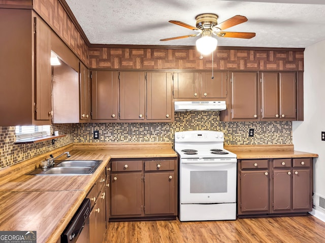 kitchen featuring white electric range oven, butcher block counters, sink, a textured ceiling, and stainless steel dishwasher