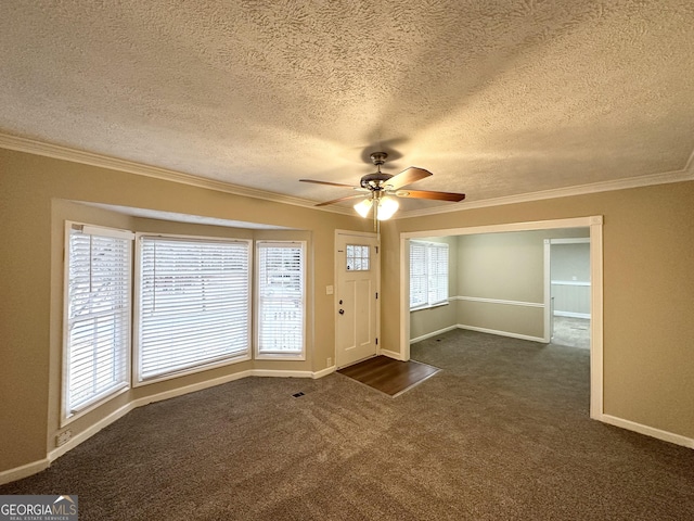 interior space featuring crown molding, ceiling fan, and a textured ceiling