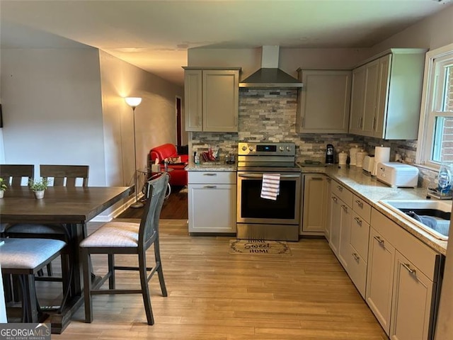 kitchen with wall chimney range hood, sink, tasteful backsplash, stainless steel electric stove, and light wood-type flooring