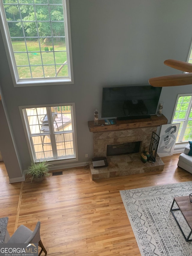 living room featuring wood-type flooring, a fireplace, and plenty of natural light