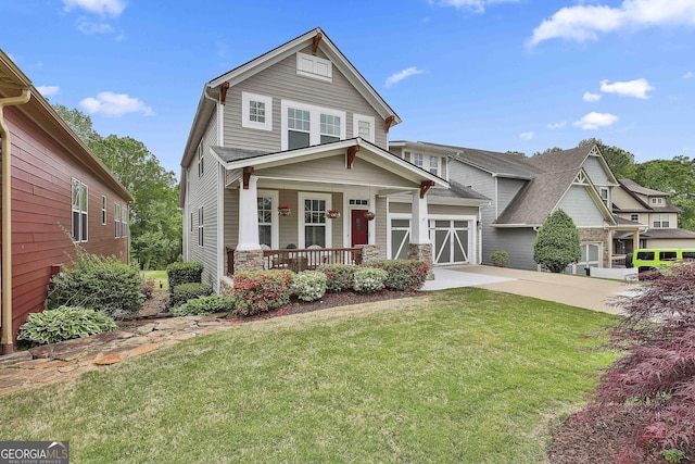128 Greenview Dr, Newnan, GA 30265 - craftsman inspired home featuring a front lawn, driveway, covered porch, stone siding, and a garage