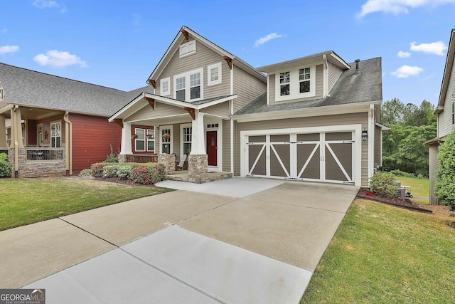 128 Greenview Dr, Newnan, GA 30265 - craftsman-style house with driveway, a porch, an attached garage, a shingled roof, and a front yard