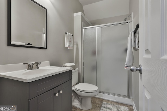 128 Greenview Dr, Newnan, GA 30265 - bathroom featuring vanity, toilet, a stall shower, and tile patterned floors