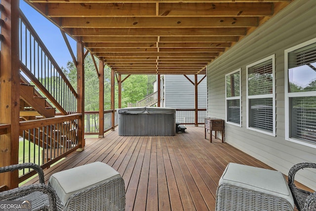128 Greenview Dr, Newnan, GA 30265 - wooden terrace featuring a hot tub and stairway