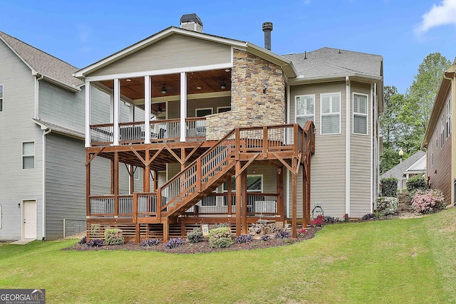 128 Greenview Dr, Newnan, GA 30265 - rear view of house featuring a lawn, a wooden deck, a chimney, and a ceiling fan