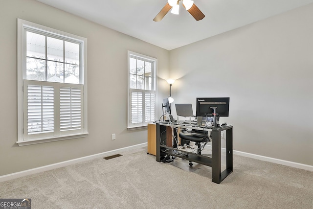 128 Greenview Dr, Newnan, GA 30265 - carpeted office featuring baseboards, visible vents, and ceiling fan