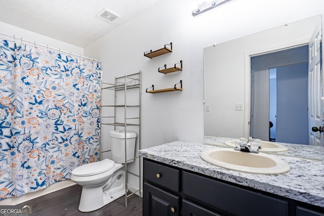 bathroom featuring vanity, toilet, and hardwood / wood-style floors