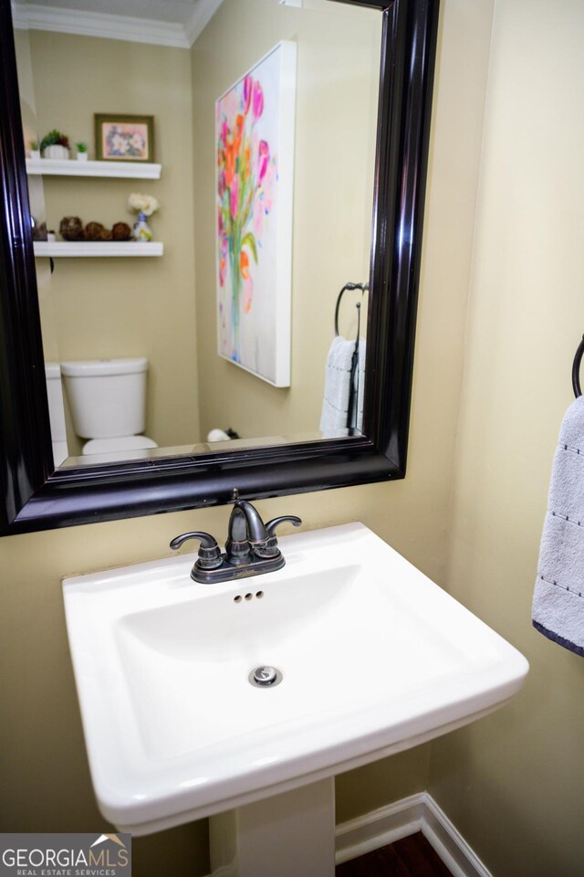 bathroom featuring sink, crown molding, and toilet