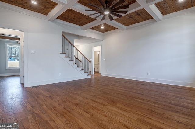 empty room featuring coffered ceiling, dark wood-type flooring, and beam ceiling