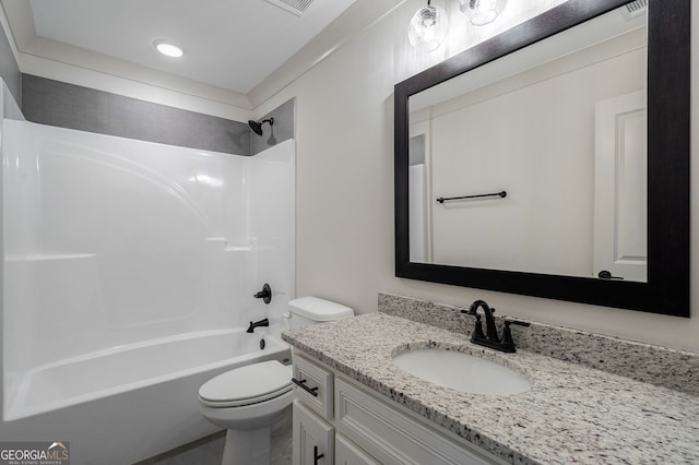 full bathroom featuring shower / washtub combination, vanity, and toilet