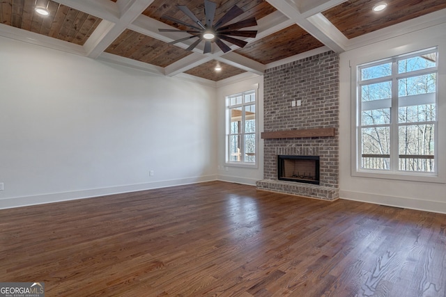 unfurnished living room with beamed ceiling, coffered ceiling, dark wood-type flooring, and wood ceiling