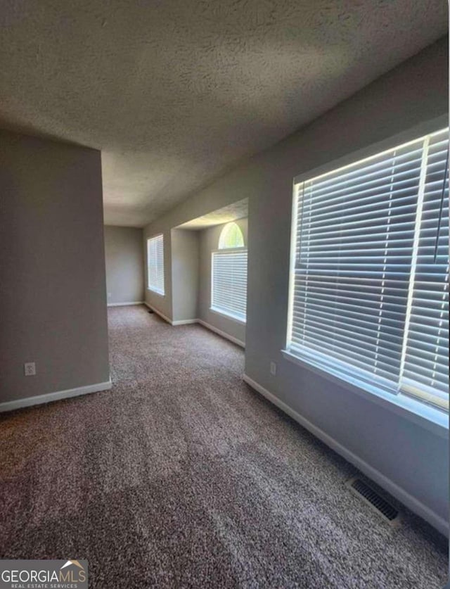 unfurnished room featuring carpet flooring and a textured ceiling