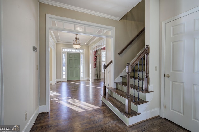 entryway featuring ornamental molding and dark hardwood / wood-style floors