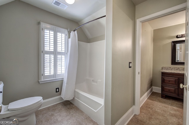 full bathroom featuring vanity, shower / tub combo with curtain, and toilet