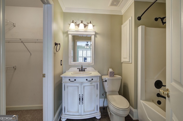 full bathroom with vanity, ornamental molding, toilet, and shower / bath combination