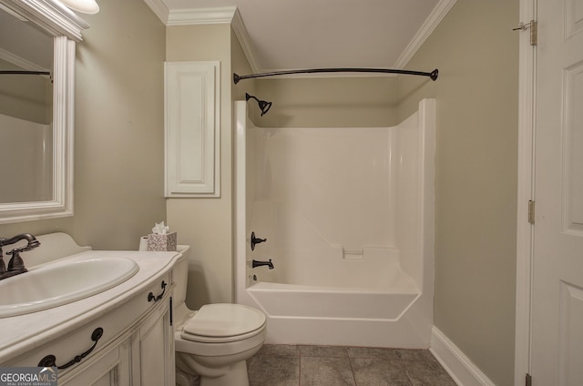 full bathroom featuring vanity, ornamental molding, toilet, and bathtub / shower combination