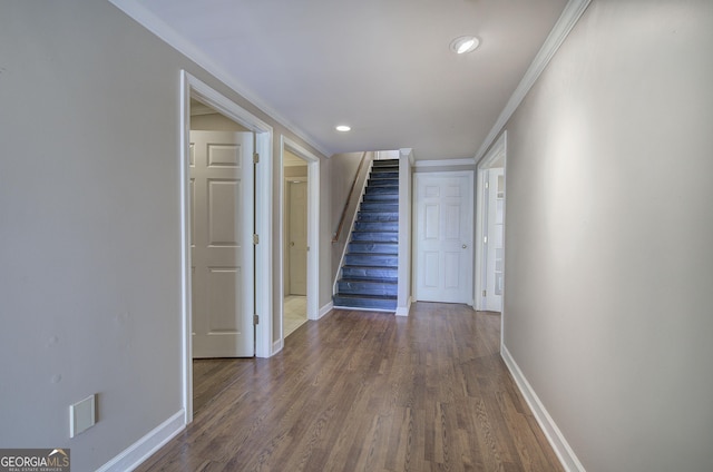 hallway with crown molding and dark hardwood / wood-style flooring