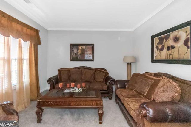 carpeted living room featuring ornamental molding