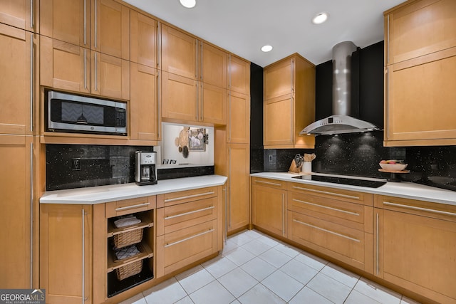 kitchen with tasteful backsplash, black electric stovetop, light tile patterned flooring, and wall chimney range hood