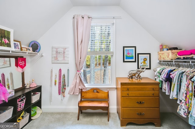 spacious closet with lofted ceiling and light colored carpet